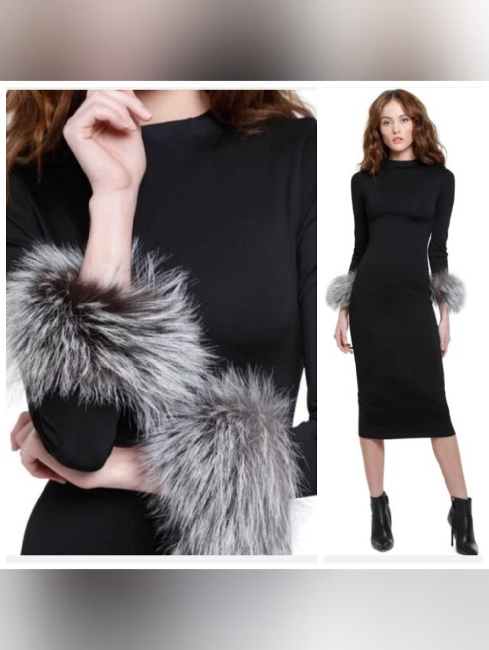 ALICE + OLIVIA Delora Fox Fur-cuff Sleeve Black Midi Dress. Size 4 $550 - Picture 3 of 12